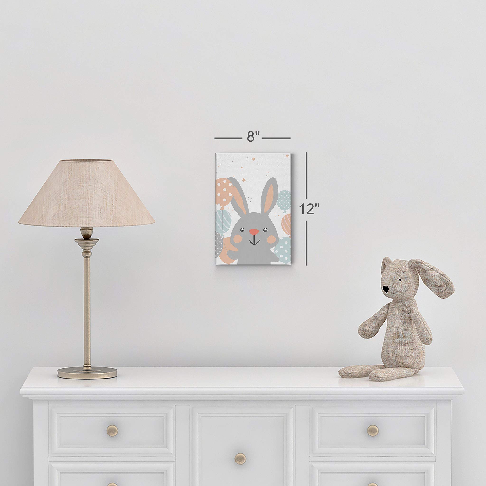 Cute Gray Rabbit with Balloons Canvas Print - Nursery Wall Art Decor for Baby & Kids Room - Ready to Hang 22x15 - Made in USA | Perfect for Birthday Gifts, Baby Showers & Children's Bedroom Decor