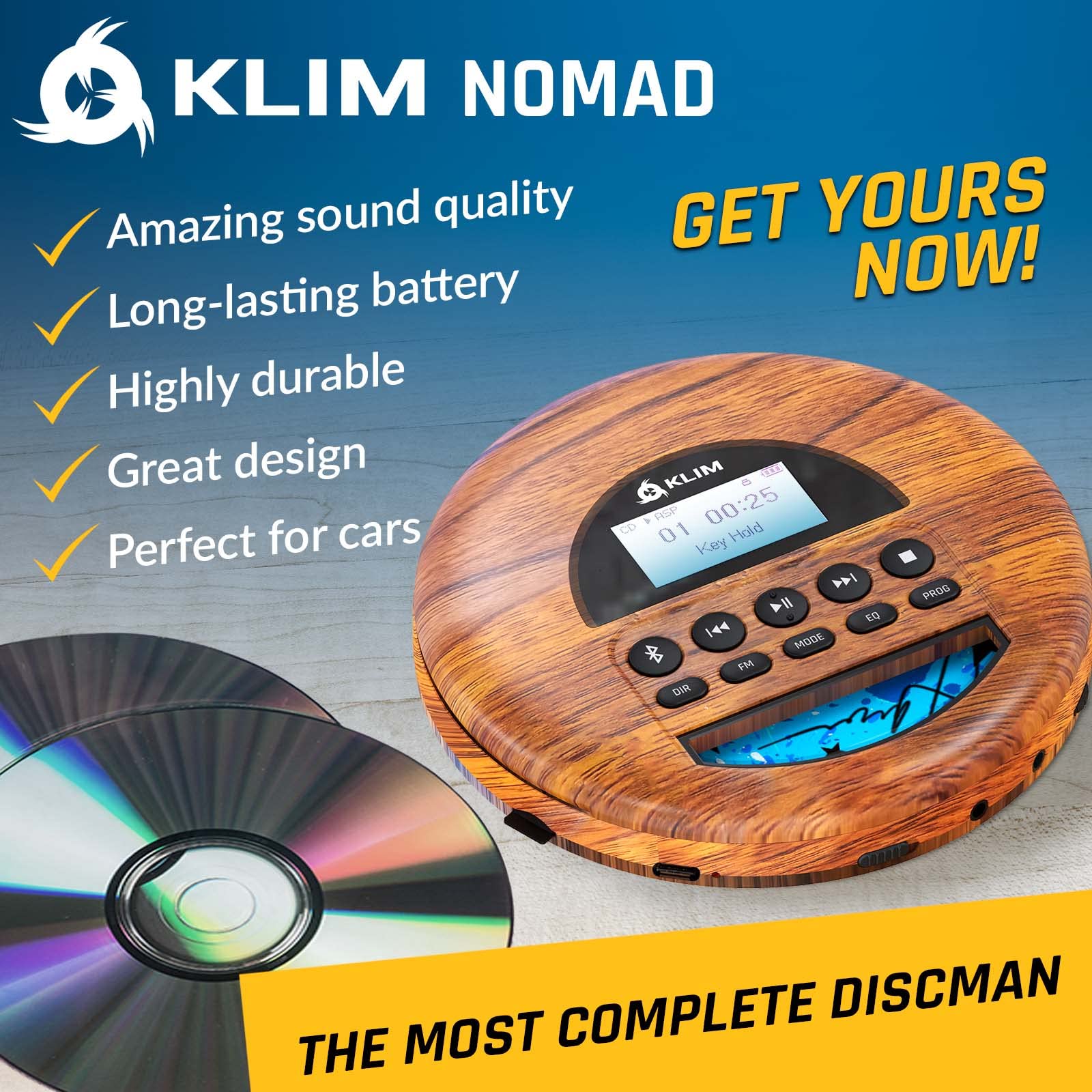 KLIM Nomad Wood Portable CD Player Walkman with FM Radio & Bluetooth - Long-Lasting Battery, Includes Headphones, MP3 & TF Card Compatible - Perfect for Car Rides, Travel & Outdoor Activities (2024 New Model)