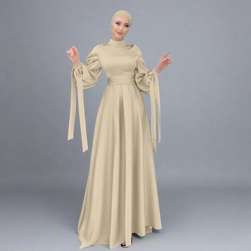 Khaki Plain Satin Abaya Dress for Muslim Women - Sizes M & 2XL - Elegant & Modest Prayer Dress for Mosque, Eid, and Special Occasions