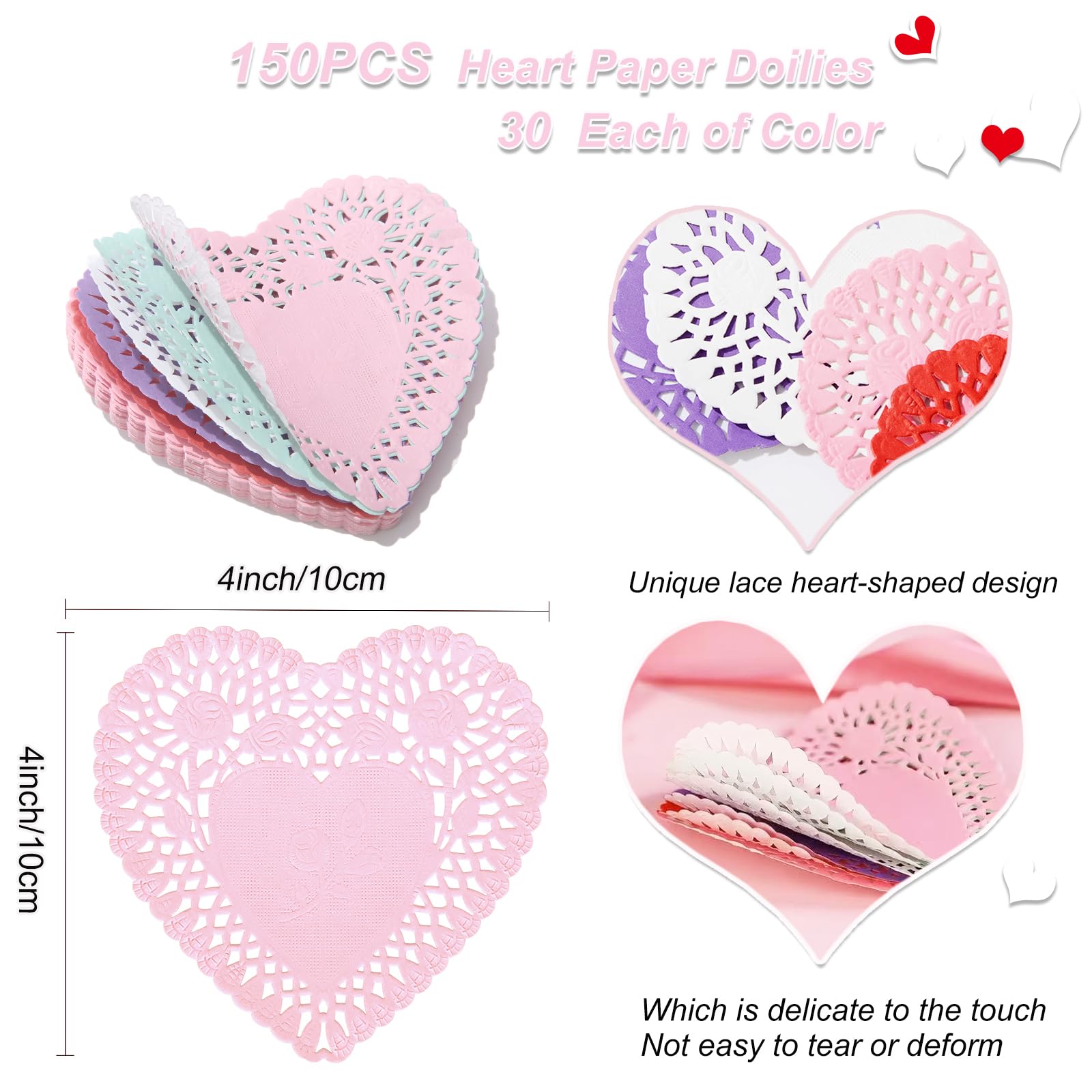 Heart Shaped Paper Doilies - 4 Inch Lace Doilies for Crafts, 150 Pcs (Red, Pink, White, Purple, Blue - 30 Each) - Perfect for Valentine's Day Decorations, Wedding Centerpieces, Cupcake Liners & DIY Scrapbooking