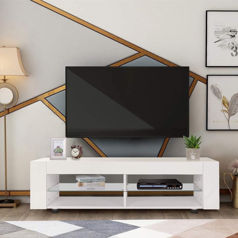 Modern High Gloss LED TV Stand with Storage Shelf - Entertainment Center & Media Console Cabinet for Living Room - Perfect for Home Theater Setup & Living Room Organization