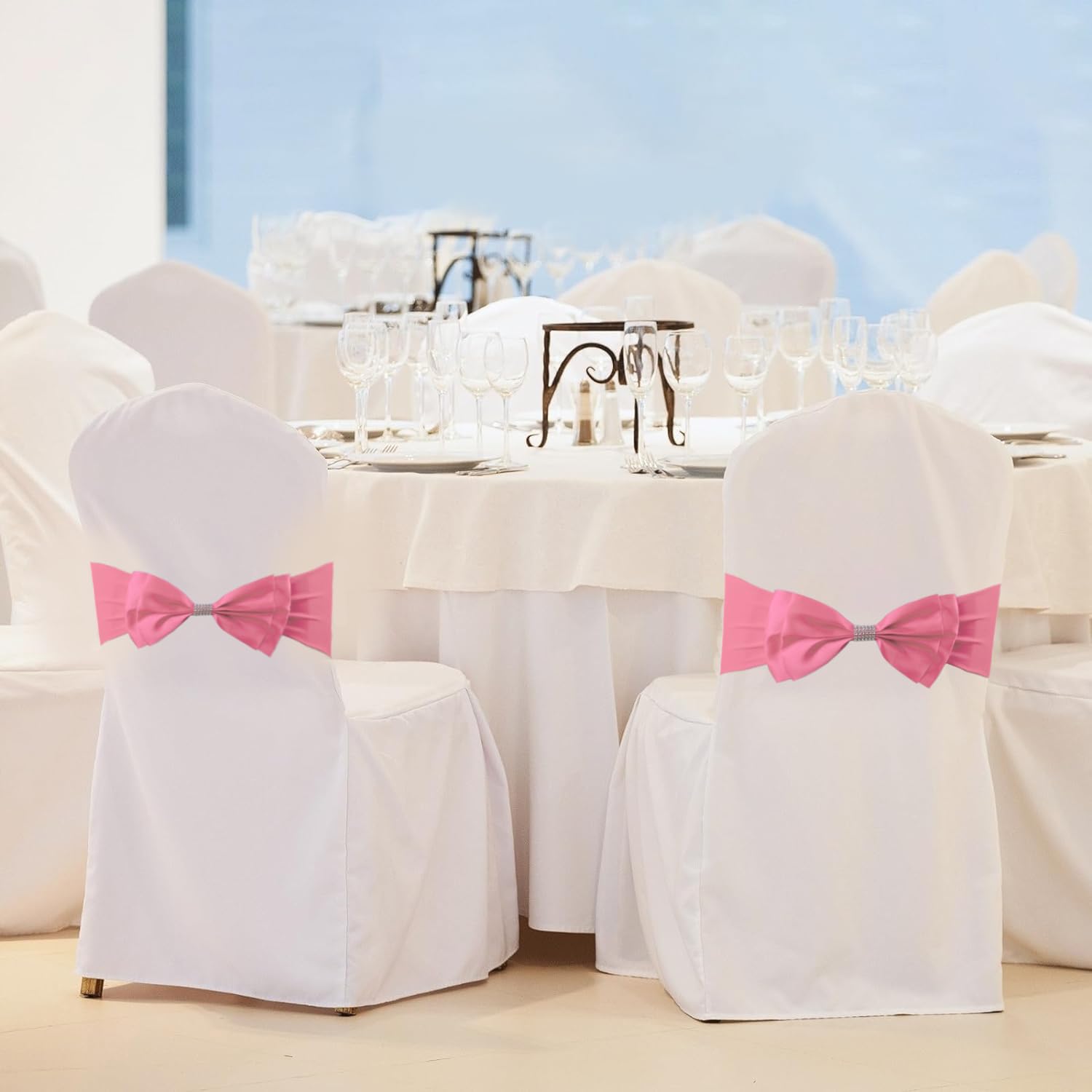 10pcs Stretchy Chair Sashes with Bowknot Sliders - Elastic Spandex Chair Cover Bands for Wedding, Party, Banquet, Birthday & Graduation Decorations - Perfect for Chair Back Decor, Table Settings, and Event Styling (Pink)