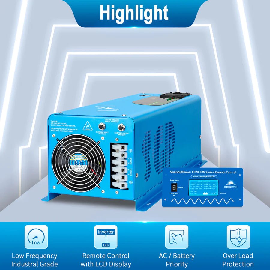 SunGoldPower 4000W 12V Pure Sine Wave Power Inverter with Built-in Charger - Perfect for RVs, Boats, Off-Grid Solar Systems & Emergency Backup Power