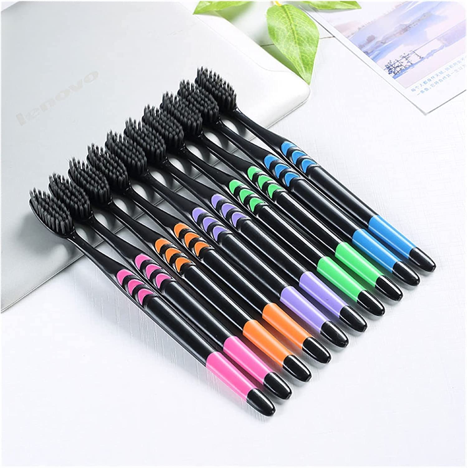 **10-Pack Bamboo Charcoal Toothbrushes for Adults - Ultra Soft Bristles, Gentle on Gums, Eco-Friendly Oral Care - Perfect for Home, Travel & Family Use**