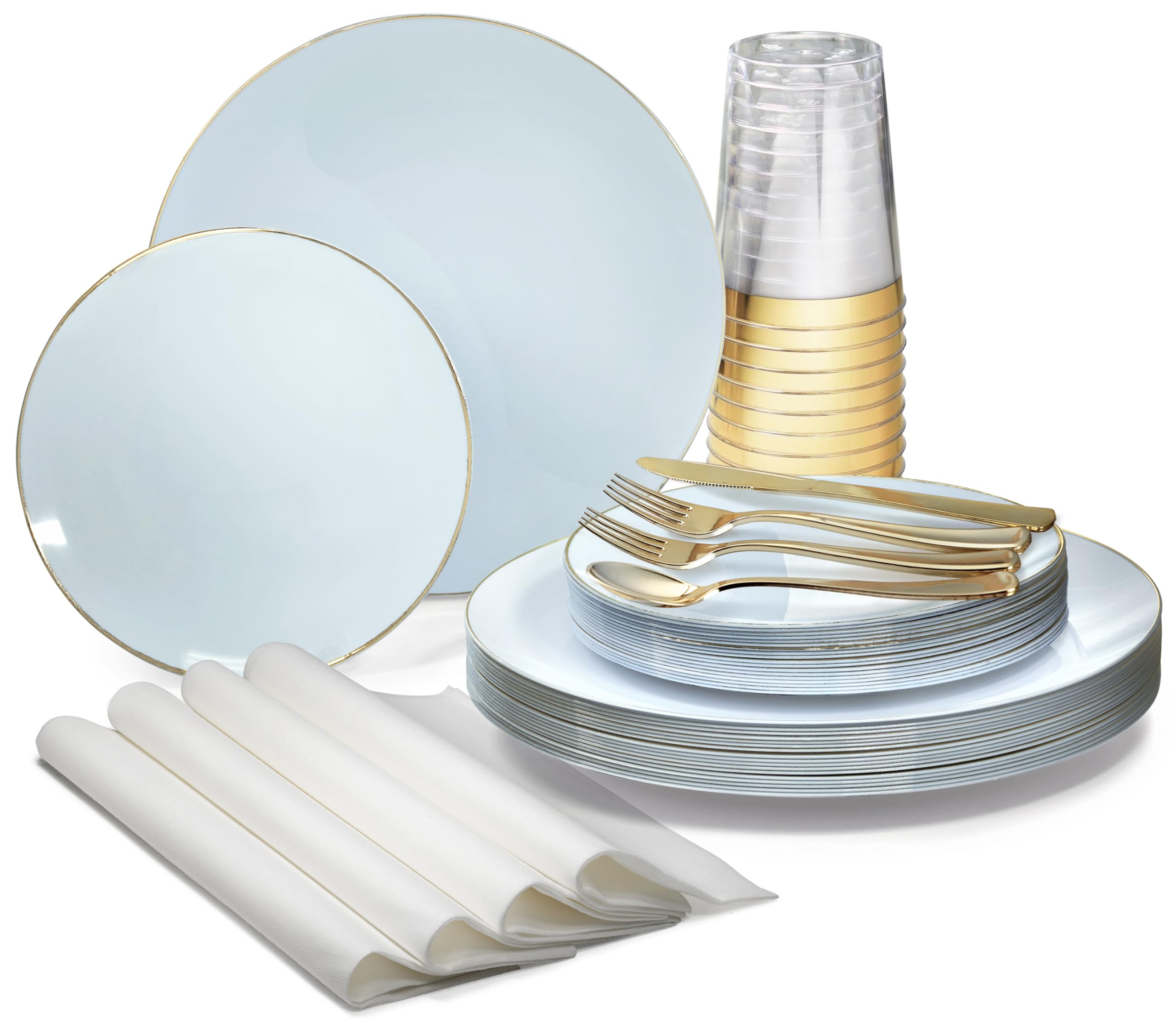 960-Piece Wedding Party Disposable Plastic Plate Set - 120 x 10.25'' Dinner Plates + 120 x 7.5'' Dessert Plates + Silverware + Cups + Napkins (Bali Blue & Gold) - Perfect for Weddings, Bridal Showers, Anniversaries & Large Events