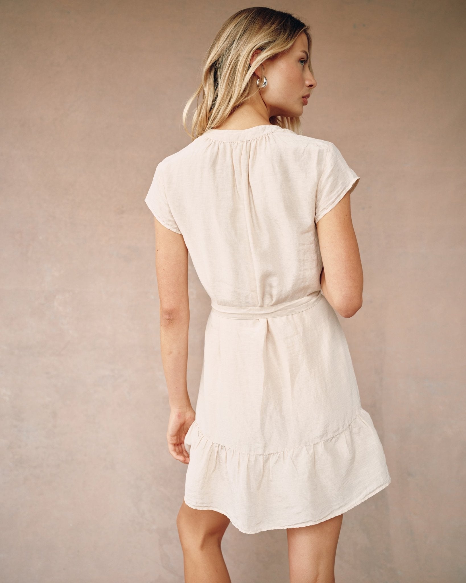 Elegant Cap Sleeve Ruffle Hem Shirt Dress in Moroccan Sand - Perfect for Summer Outfits, Beach Vacations & Casual Office Wear