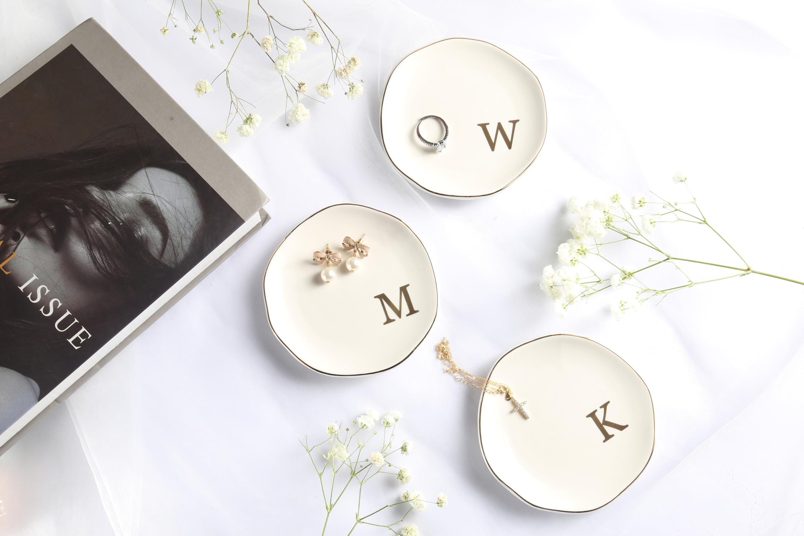 Personalized Ceramic Jewelry Tray with Monogram - Elegant Ring Dish for Engagement, Wedding & Birthday Gifts - Perfect for Women, Mothers Day - White Ceramic 4.75