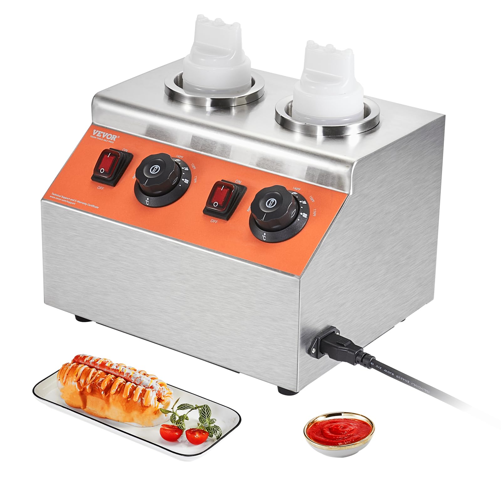 VEVOR Electric Bottle Warmer - 0.57x2 Qt Commercial Dispenser with 86-185°F Adjustable Temperature - Plastic Double Bottles for Hot Fudge, Nacho Cheese, Caramel - Perfect for Restaurants, Cafes & Catering Services