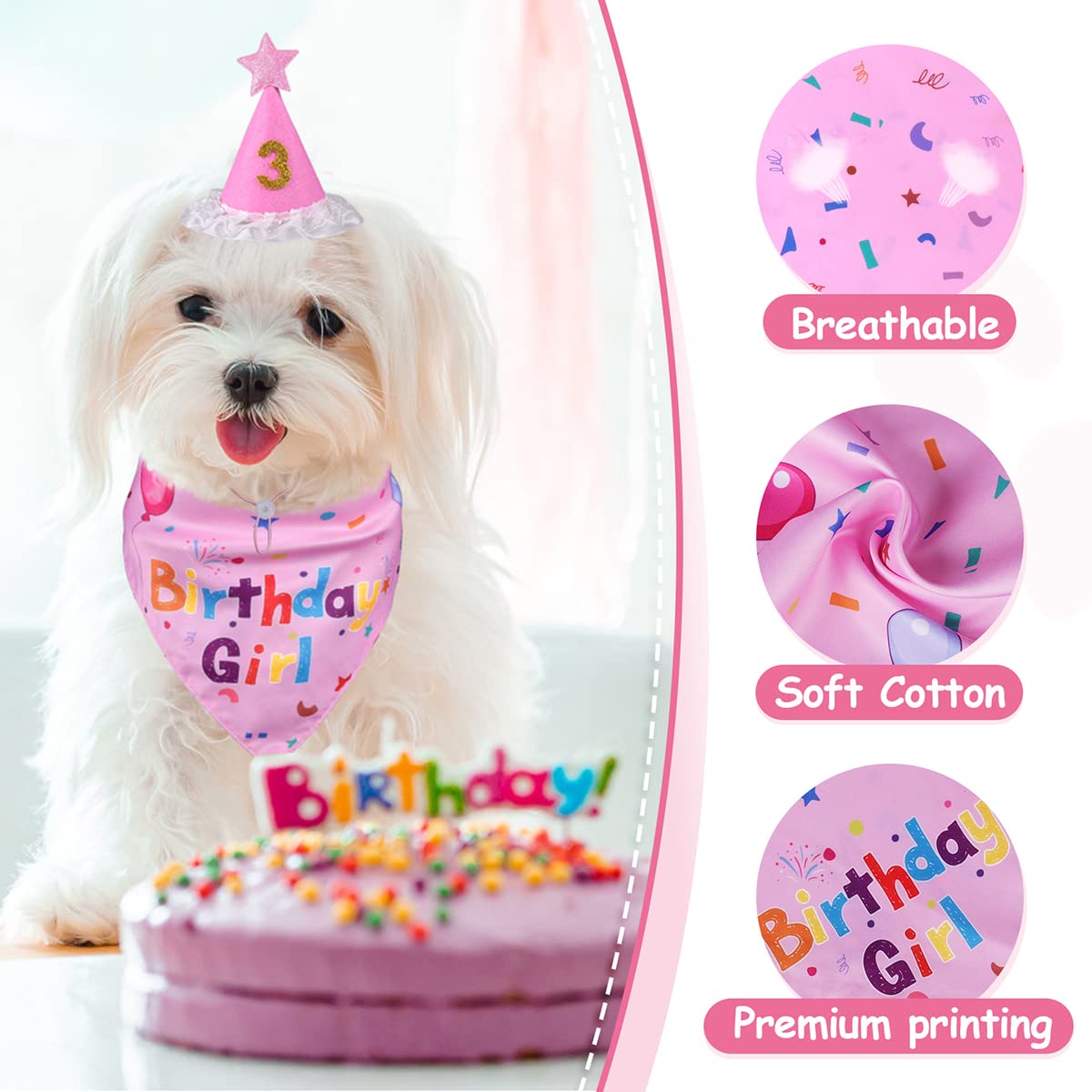 Dog Birthday Party Decorations - Adjustable Birthday Hat with Numbers & Cute Pink Bandana Set for Small, Medium, Large Dogs - Perfect Pet Supplies Gift for Puppy Birthday Celebrations
