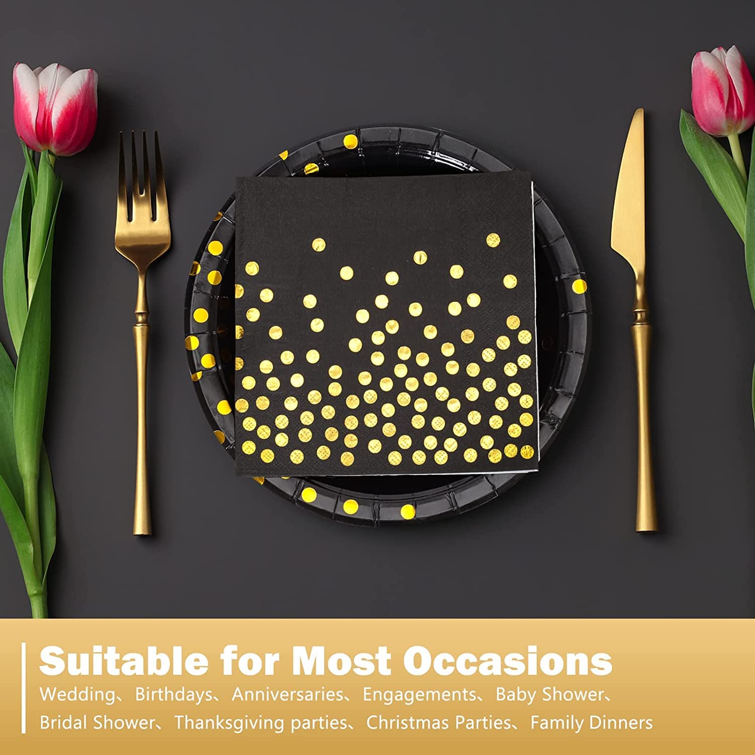 Premium Black and Gold Paper Plates Set - 50 Pack (25 x 7