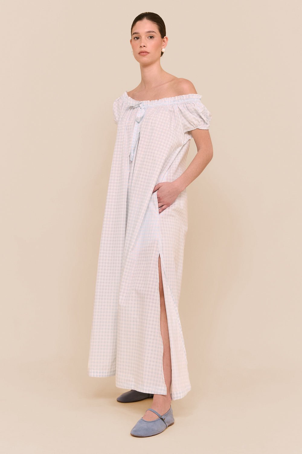 Lily Lounge Dress - Long Gingham Pale Blue Women's Casual Dress for Relaxing at Home, Summer Outings & Beach Cover-Up