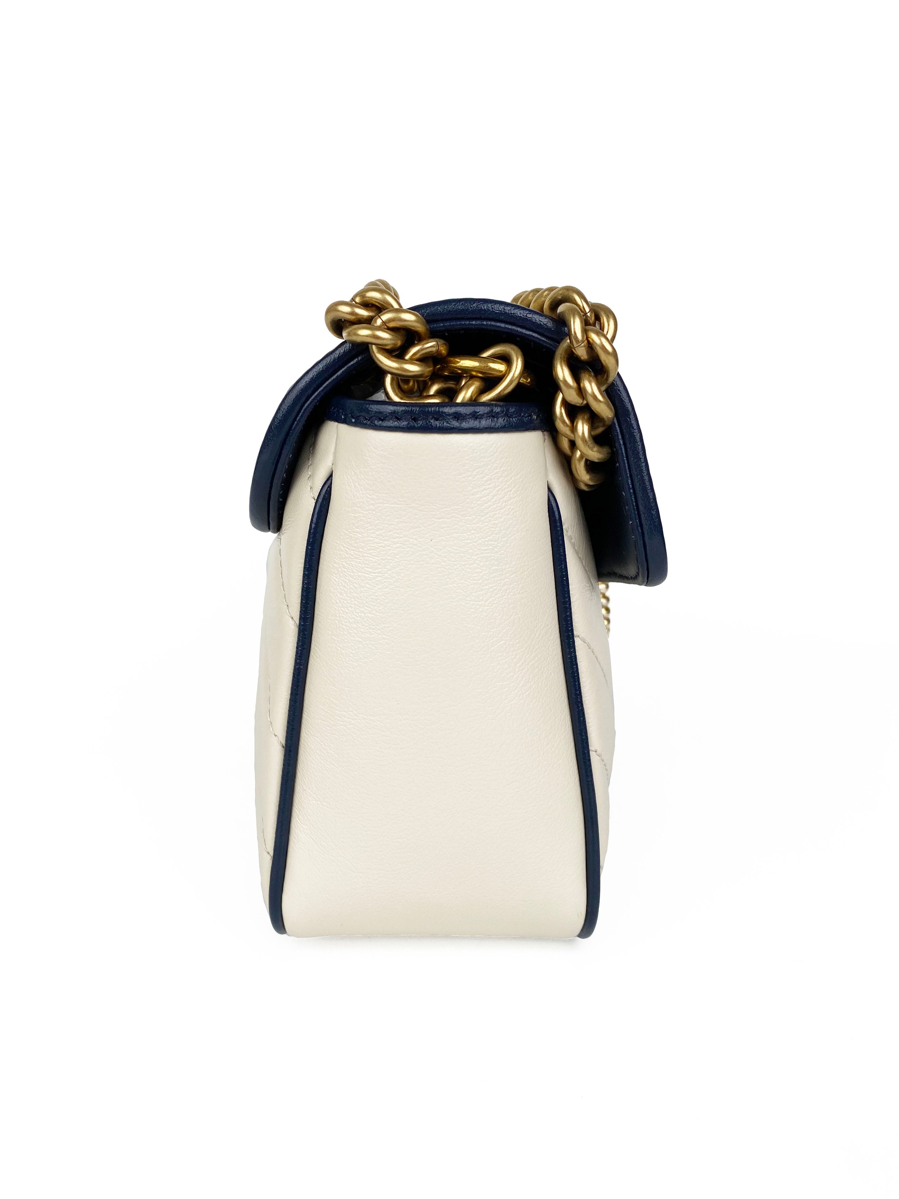 Gucci GG Marmont Torchon Shoulder Bag in White & Blue | Luxury Designer Handbag for Women | Perfect for Date Night, Office & Special Occasions