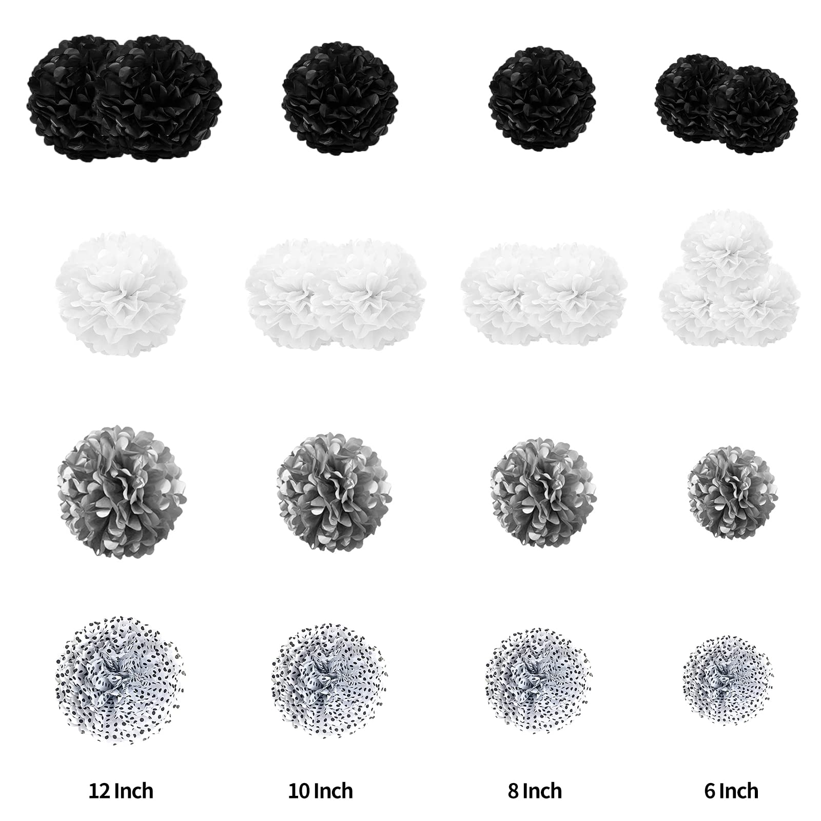 22-Pack Black, Silver, Polka Dot & White Tissue Paper Pom Poms - Fluffy Paper Flower Balls for Birthday, Bachelorette, Wedding, Baby Shower & Bridal Shower Party Decorations - Perfect for Ceiling, Table & Wall Decor