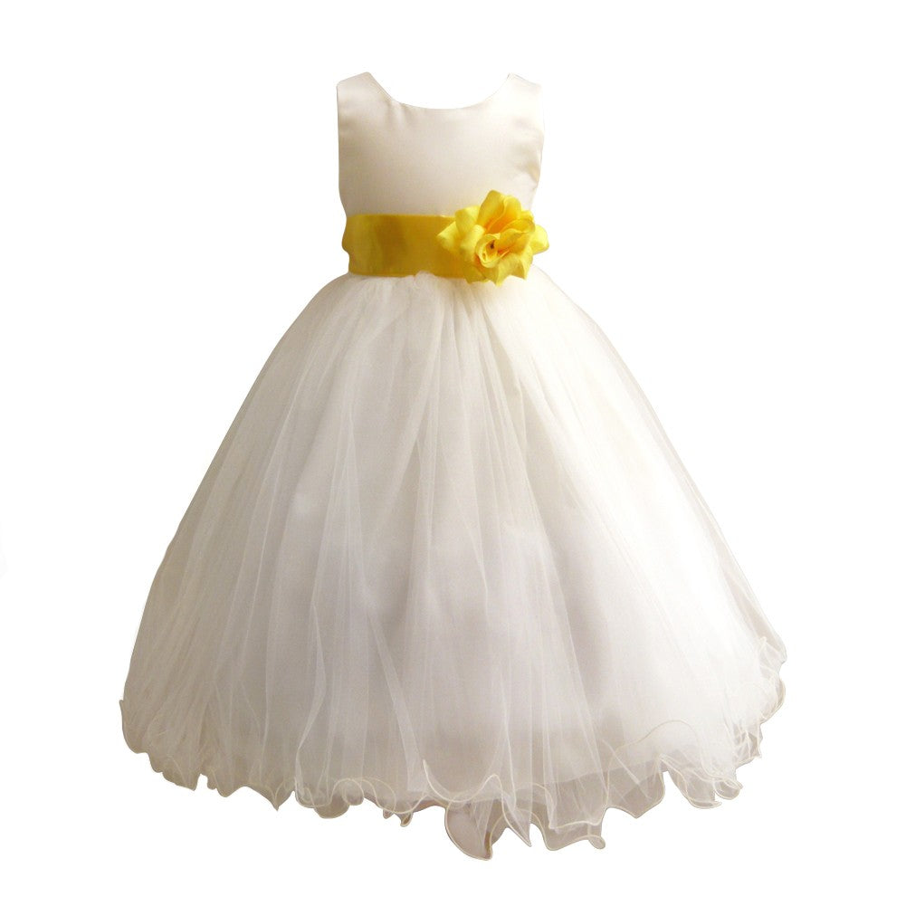Big Girls Ivory Yellow Sash Satin Tulle 3-Layer Flower Girl Dress Size 8-14 | First Communion, Wedding Party, Pageant & Special Occasion Dress