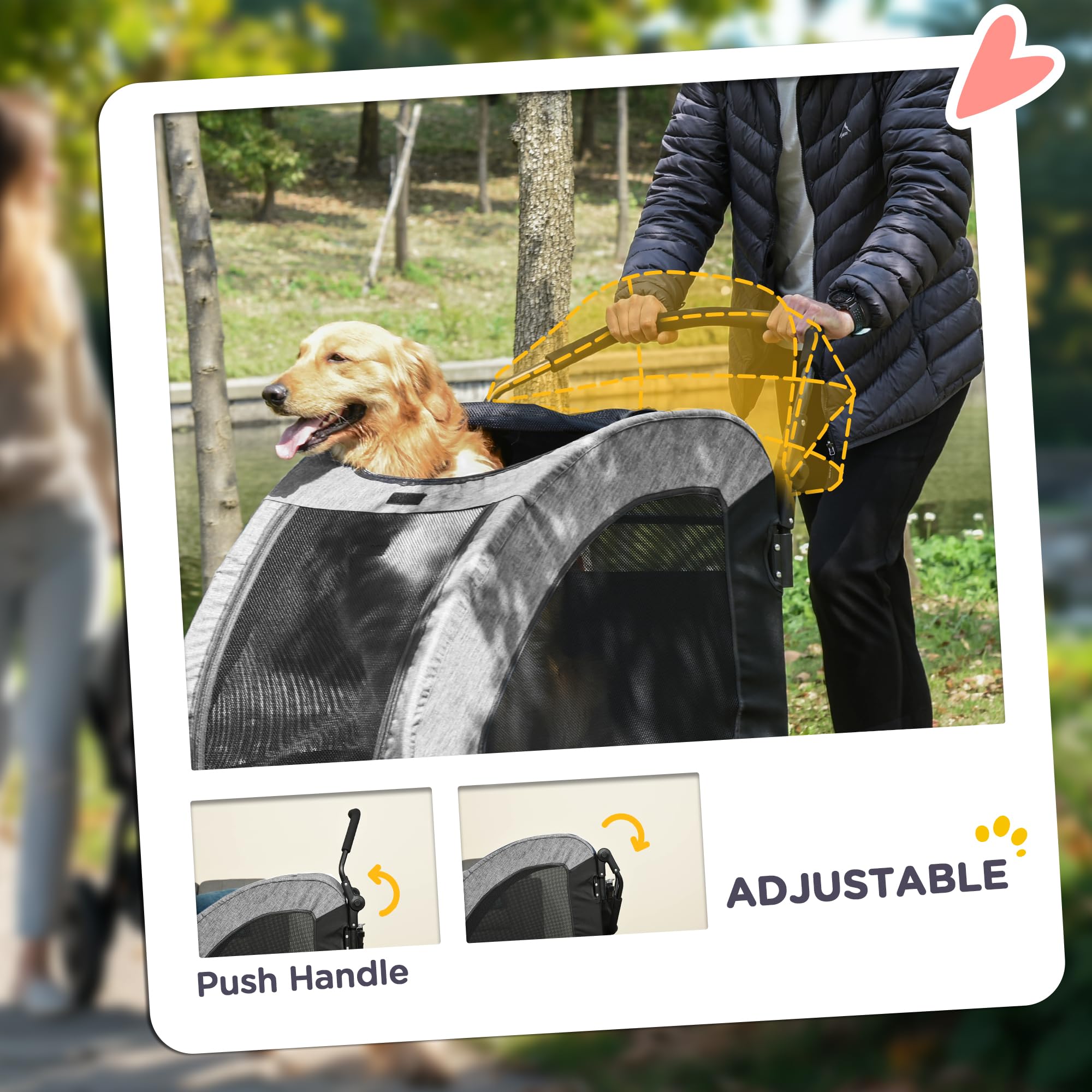 PawHut 4-Wheel Folding Dog Stroller for Medium & Large Dogs - Universal Wheels, Storage Basket & Safety Leash - Gray Pet Carrier for Walking, Shopping & Outdoor Adventures