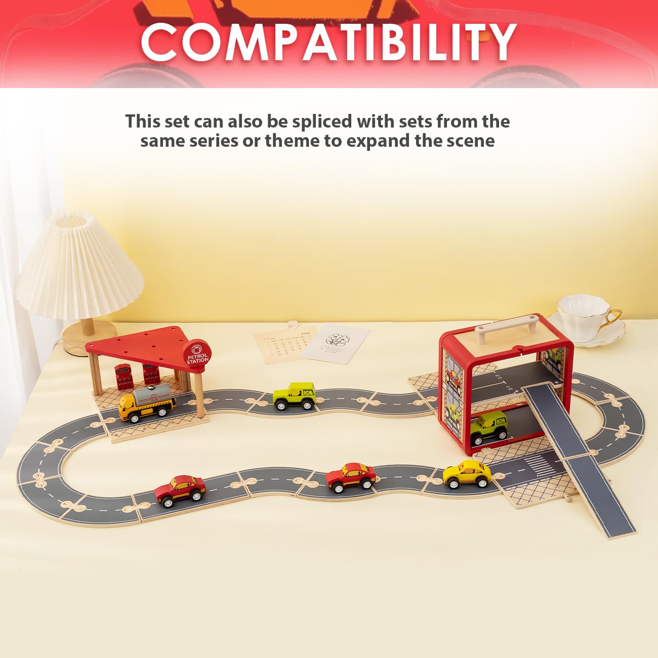 **Wooden Toy Car Set for Toddlers - Car Track & Parking Garage Playset with Storage Box | Educational Building Blocks for Kids, Boys & Girls | Perfect for Pretend Play, Motor Skills Development & Early Learning**