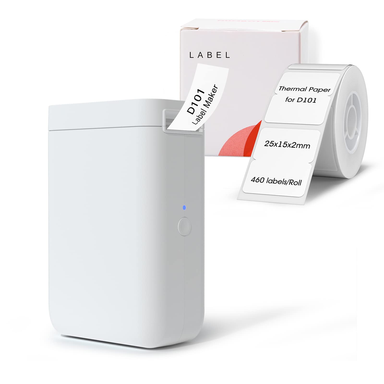 NIIMBOT D101 Inkless Label Maker - Portable Thermal Label Printer with 12x40mm & 25x15x2mm White Labels (1 Pack Each) - Print 0.5-1 Inch Width Labels for Home, Office, School, Retail - Perfect for Name Tags, Organization, Price Stickers & Inventory Management