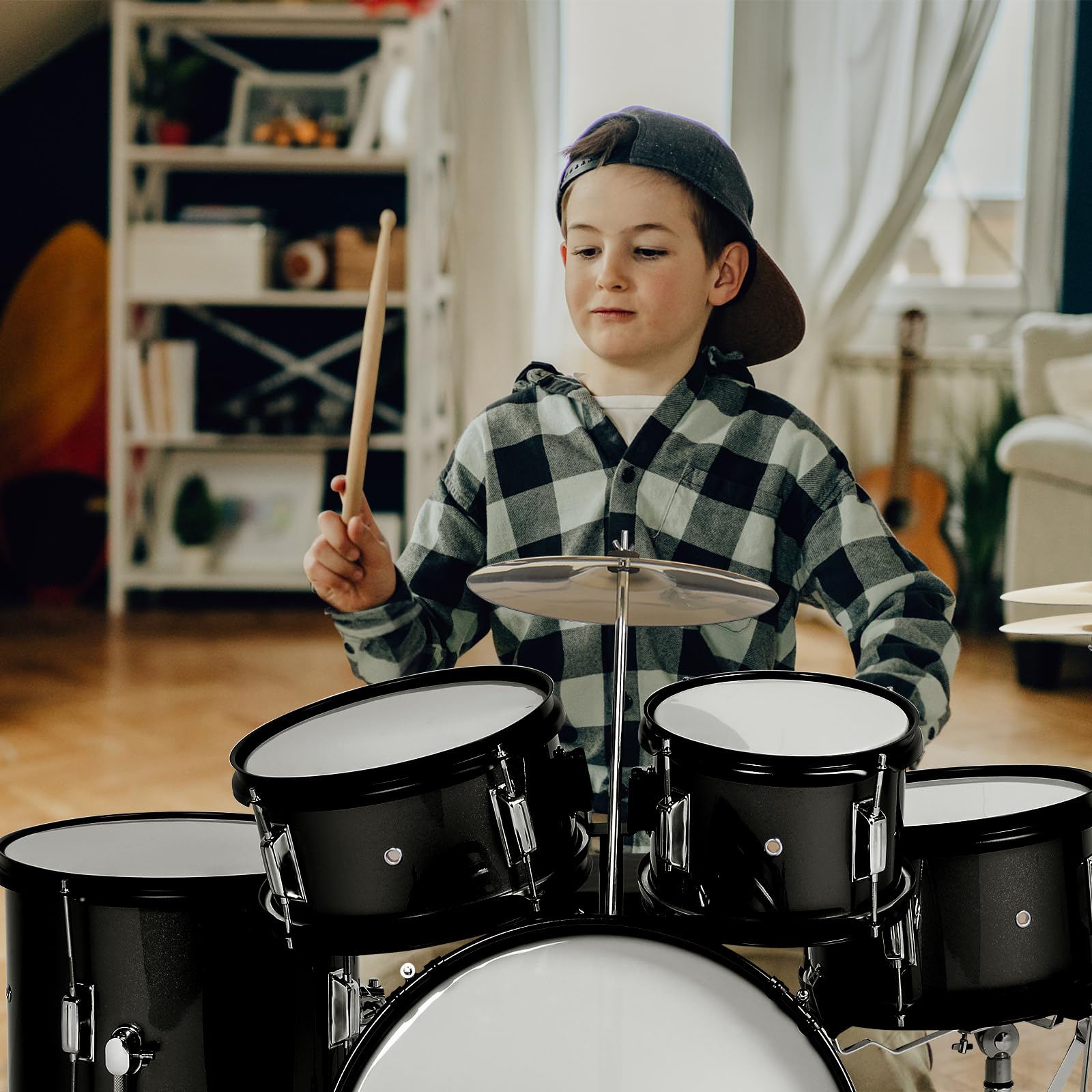 **Ktaxon 5-Piece Complete Junior Drum Set – 16 Inch Kids Drum Kit with Throne Stool, Pedal & Drumsticks – Includes Cymbal, Hi-Hat, Floor Tom, Snare Drum – Perfect for Beginners & Young Musicians (Black) – Ideal for Home Practice, Music Lessons & Kids' Performances**