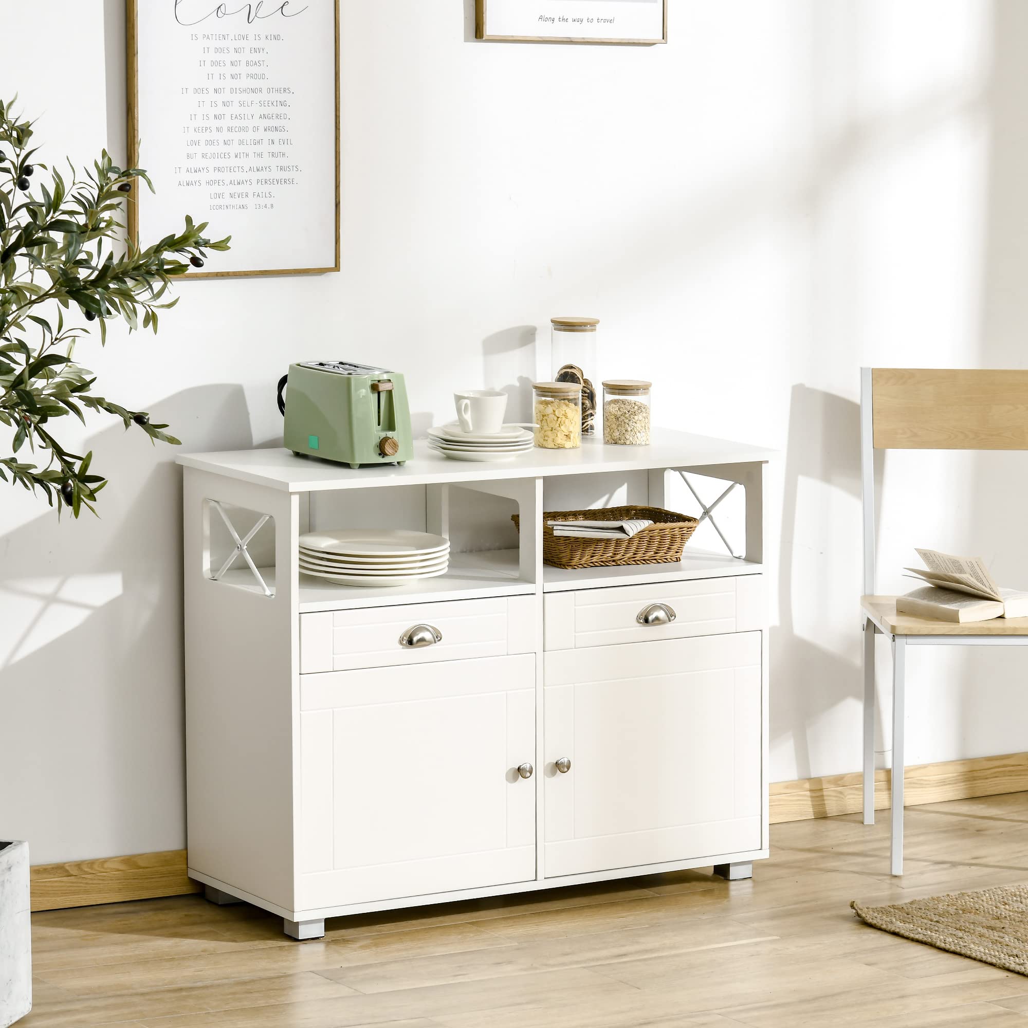 HOMCOM White Sideboard Buffet Cabinet with Storage Drawers - Kitchen Coffee Bar Organizer, Large Tabletop & Crossbar Design for Dining Room, Living Room, or Home Office Storage