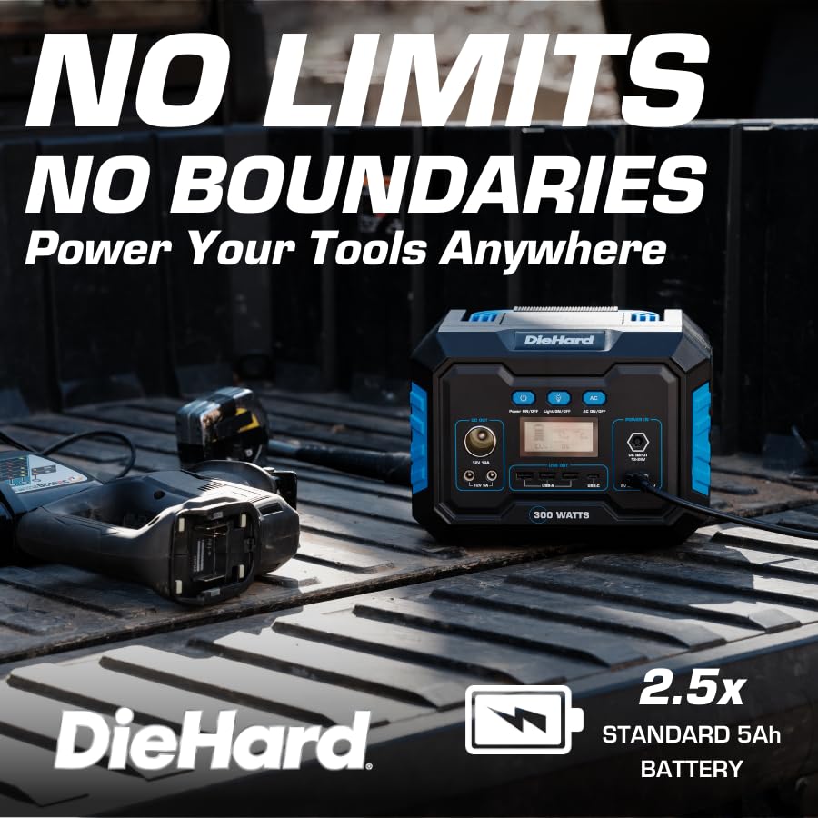 DieHard 300W Portable Power Station (600W Peak) 288.6Wh Solar Generator - Home Backup, Emergency Power Supply, Outdoor Camping, RV Trips & Jobsite Use - Optional Solar Panel Compatible for Off-Grid Power