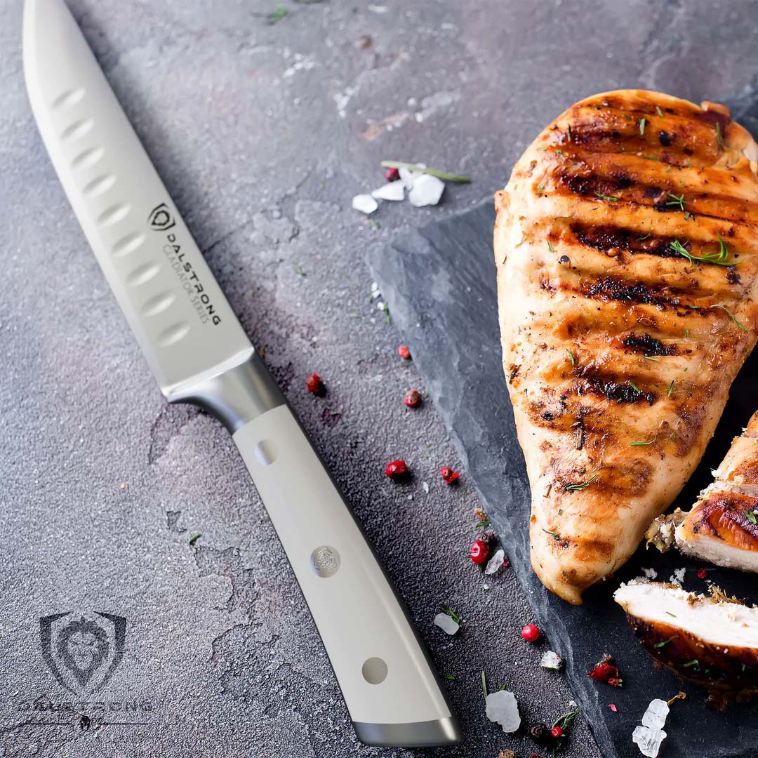4-Piece Straight Edge Steak Knife Set with White ABS Handles - Dalstrong Gladiator Series | Premium Steak Knives for Home Dining, BBQ & Restaurant Use