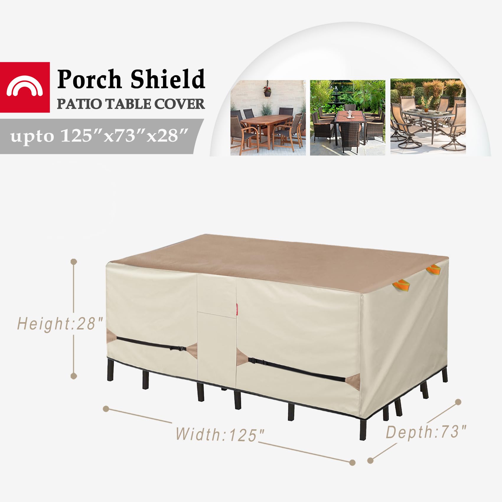 Waterproof Porch Shield Patio Table Cover - Outdoor Dining Table & Chairs Furniture Protector (125 x 73 Inch, Light Tan/Khaki) for All-Weather Protection, BBQ Parties & Backyard Gatherings