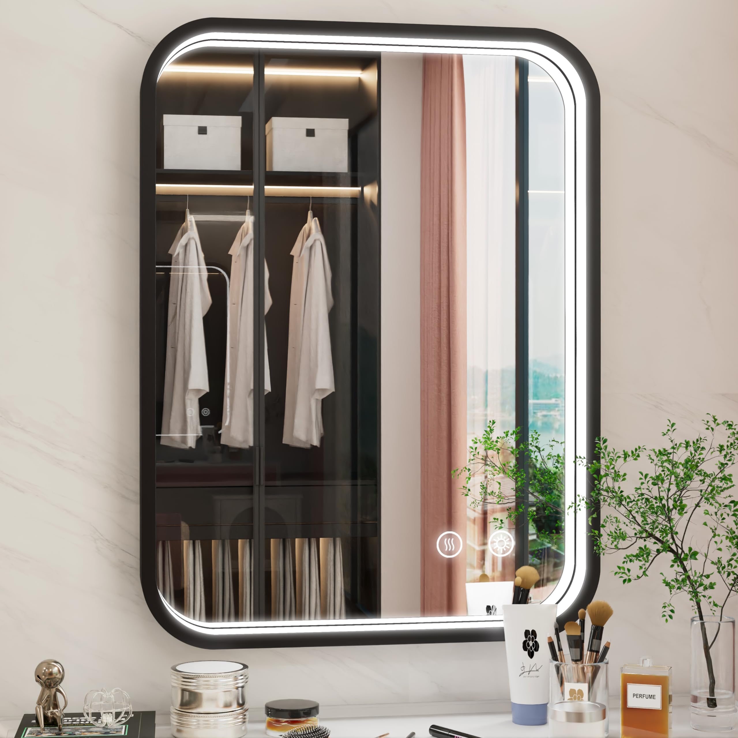 24x32 Inch Black LED Bathroom Mirror with Lights - Wall Mounted Vanity Mirror, Memory Function, Stepless Dimmable, Anti-Fog, Horizontal/Vertical Installation - Perfect for Makeup, Shaving & Home Decor