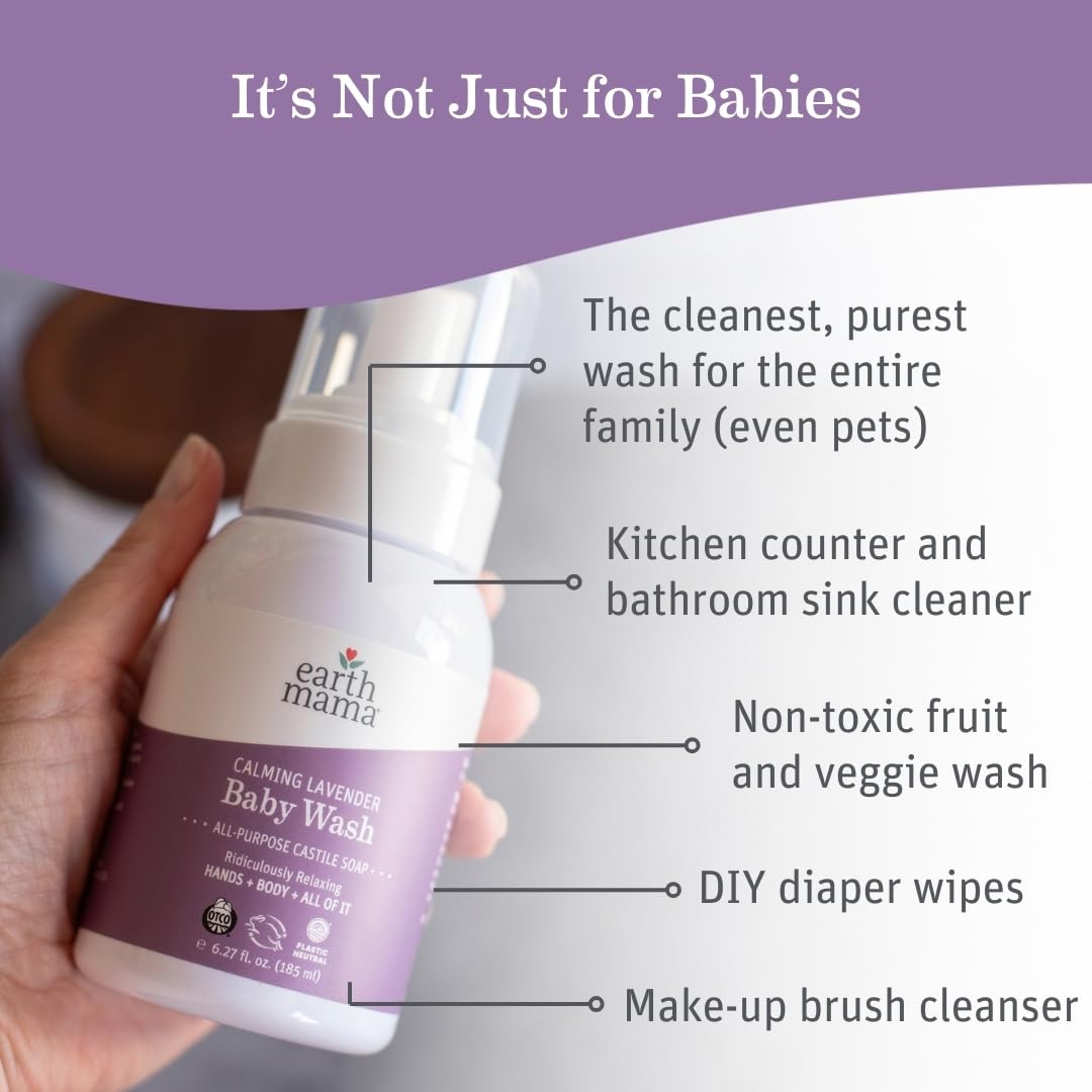 Earth Mama Organic Lavender Baby Wash & Body Soap - Gentle Foaming Cleanser for Sensitive Skin with Coconut Oil, Shea Butter & Calendula | Hypoallergenic, Vegan & Cruelty-Free | Perfect for Newborns, Kids & Adults | Bath Time, Hand Washing & Shower Use