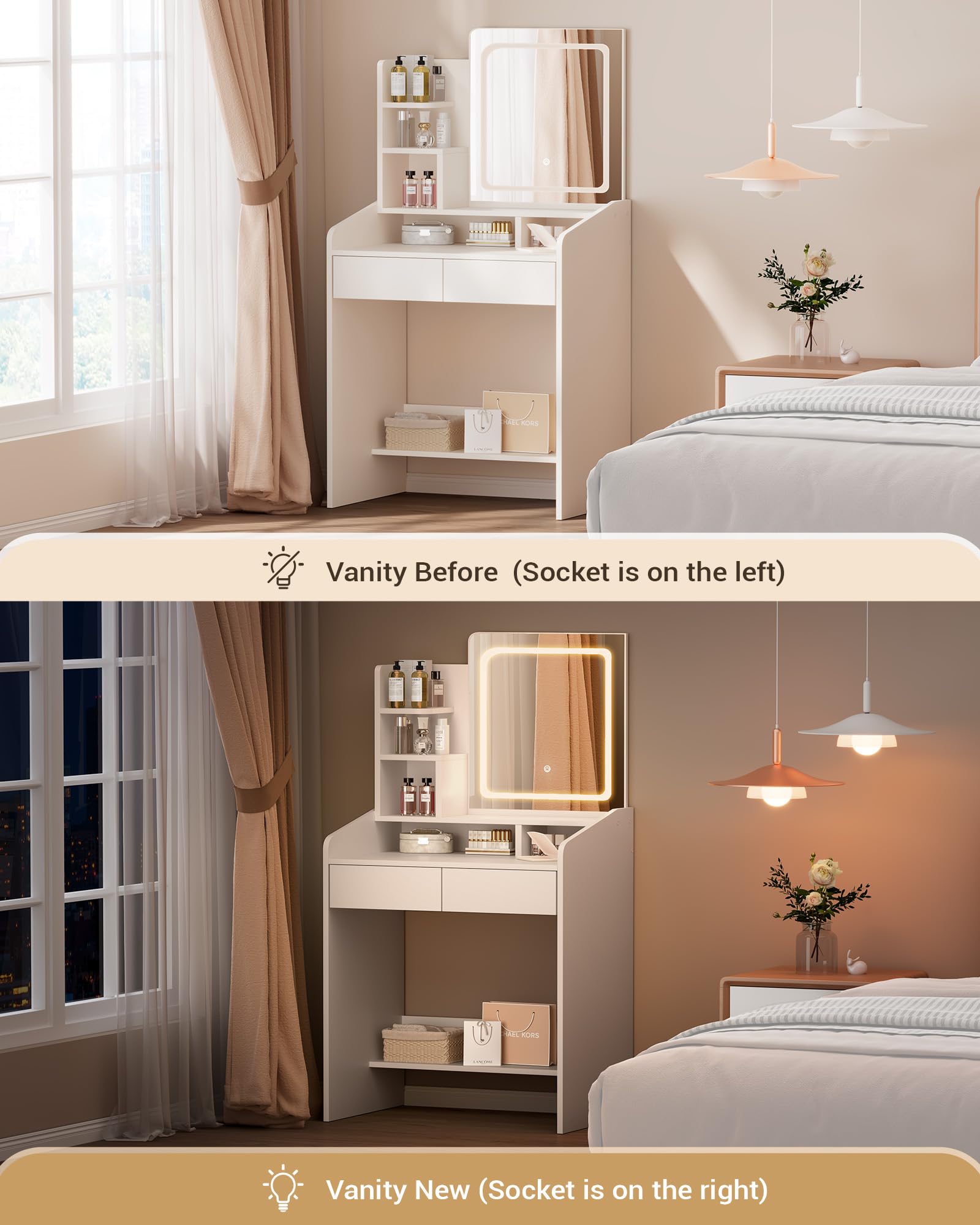 Elegant White Vanity Desk Set with Square Mirror & LED Lights, 3 Drawers for Makeup & Jewelry Organization - Perfect for Bedroom, Dressing Room & Beauty Salon