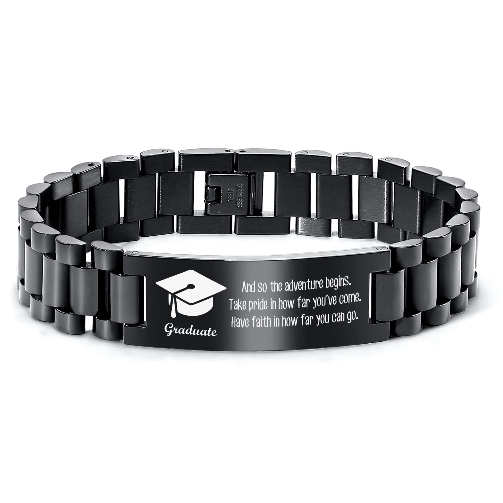 Custom Graduation Bracelet for Him - Inspirational Stainless Steel Link Bracelet - Class of 2025 College Graduate Gift - Personalized Engraving - Perfect for Commencement Ceremony & Alumni Reunion