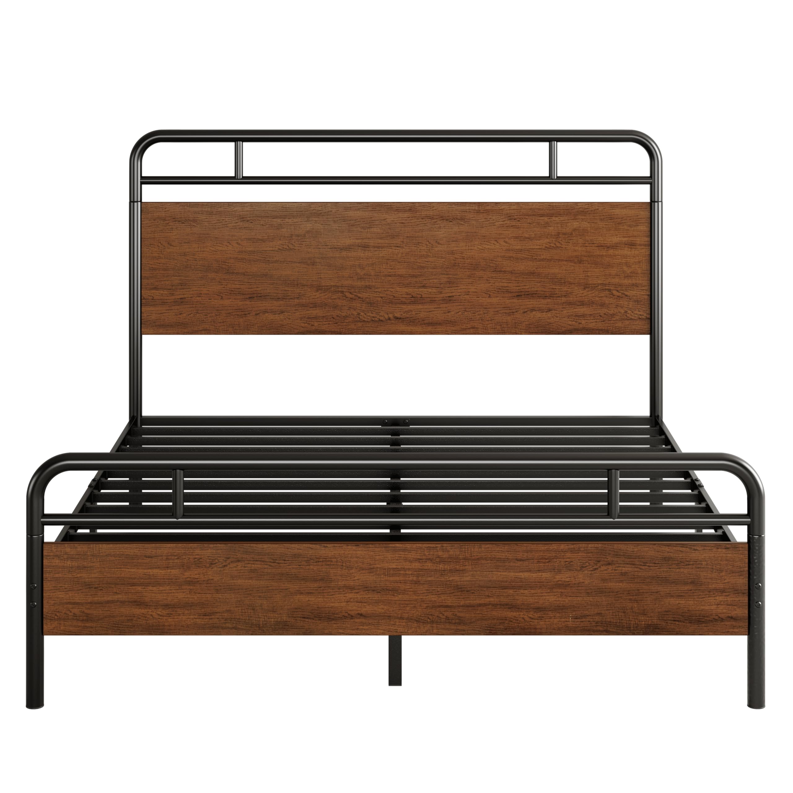 SHA CERLIN Queen Size Bed Frame with Wooden Headboard & Footboard - Sturdy Metal Frame, Heavy Duty Slats, Under-Bed Storage - No Box Spring Needed - Walnut Finish - Perfect for Bedroom, Guest Room & Small Spaces