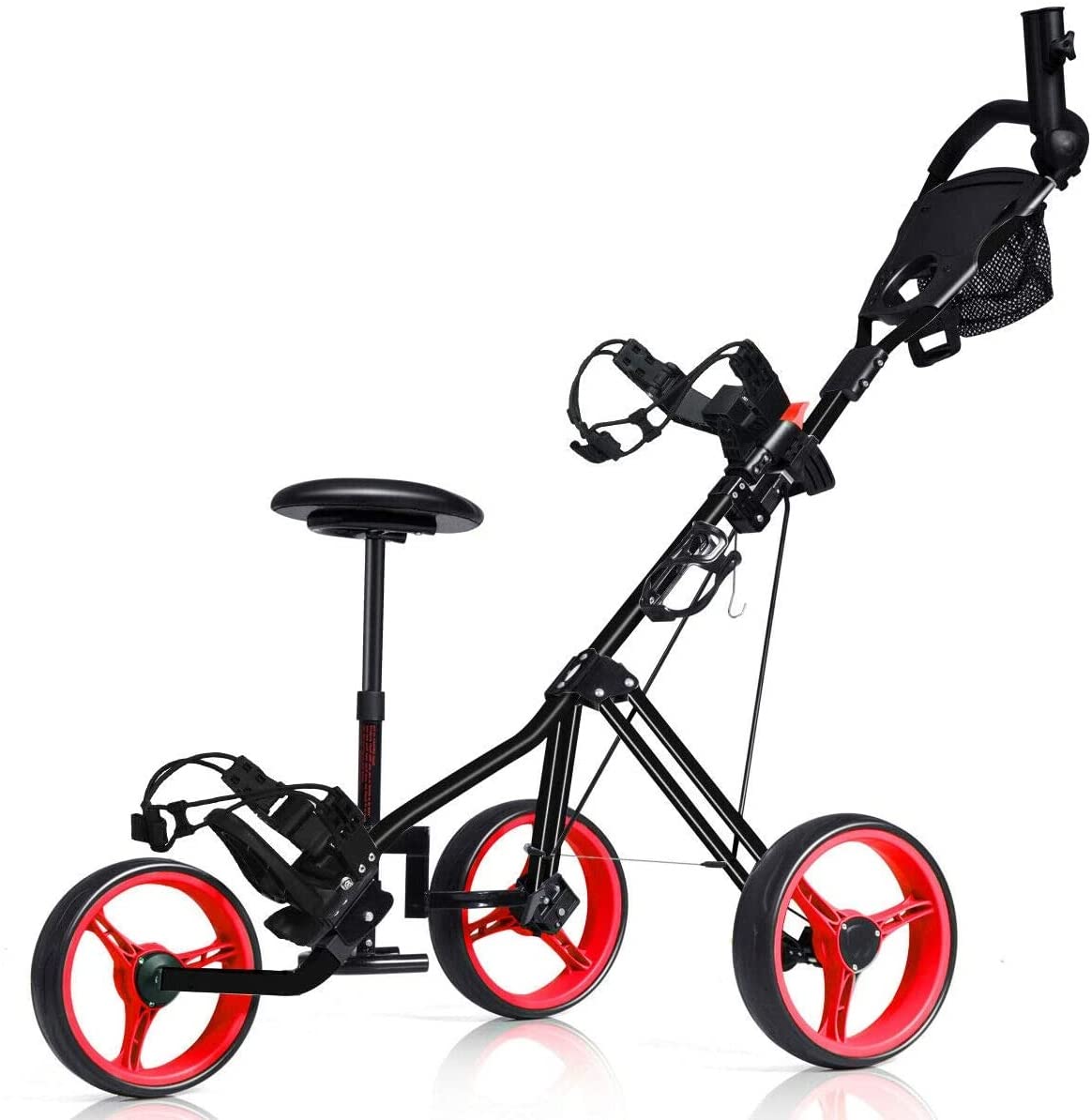 GRAFFY 3 Wheel Golf Push Cart with Seat - Adjustable Height Handle, Lightweight Folding Golf Trolley with Scoreboard, Bag Foot Brake, Cup & Umbrella Holder - Perfect for Golf Courses, Driving Ranges & Outdoor Practice Sessions