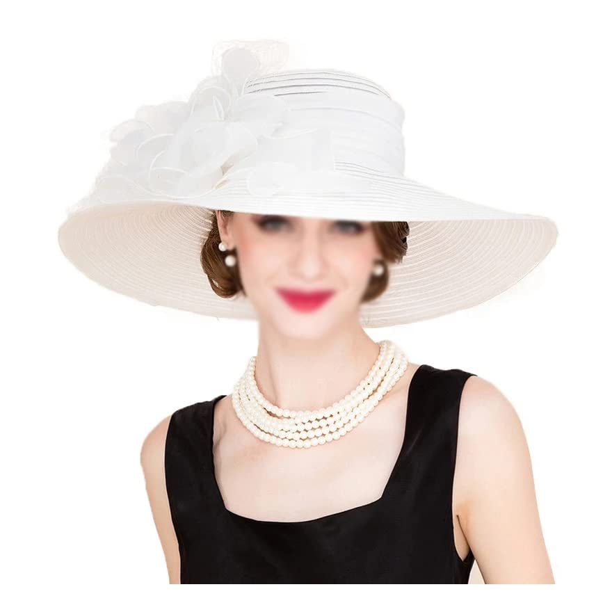 Women's Summer Sun Hat with Floral Organza Wide Brim - UV Protection Beach Hat for Women (White, 56-58cm) | Perfect for Beach Vacations, Pool Parties & Outdoor Activities