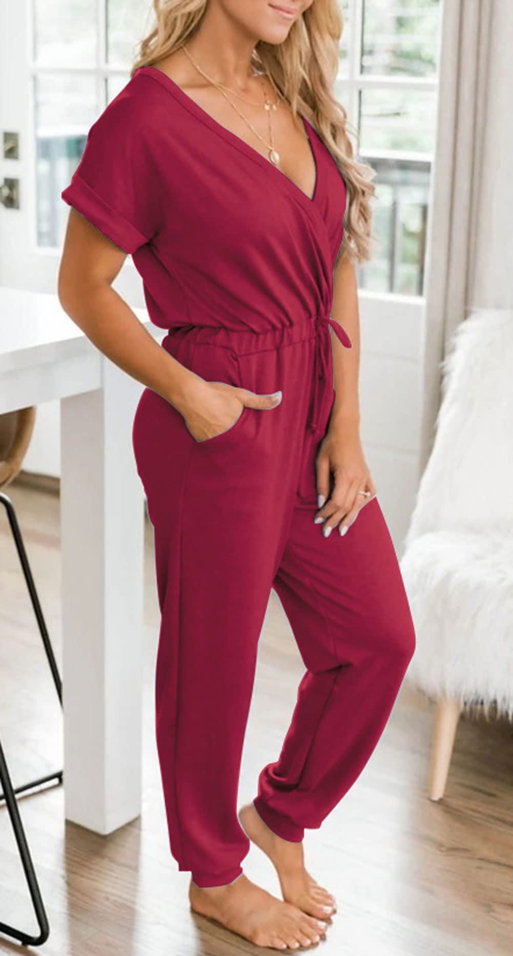 CHARTOU Women's Summer Casual V-Neck Lounge Jumpsuit - Short Sleeve Romper with Pockets | Perfect for Beach Vacation, Yoga, and Home Relaxation
