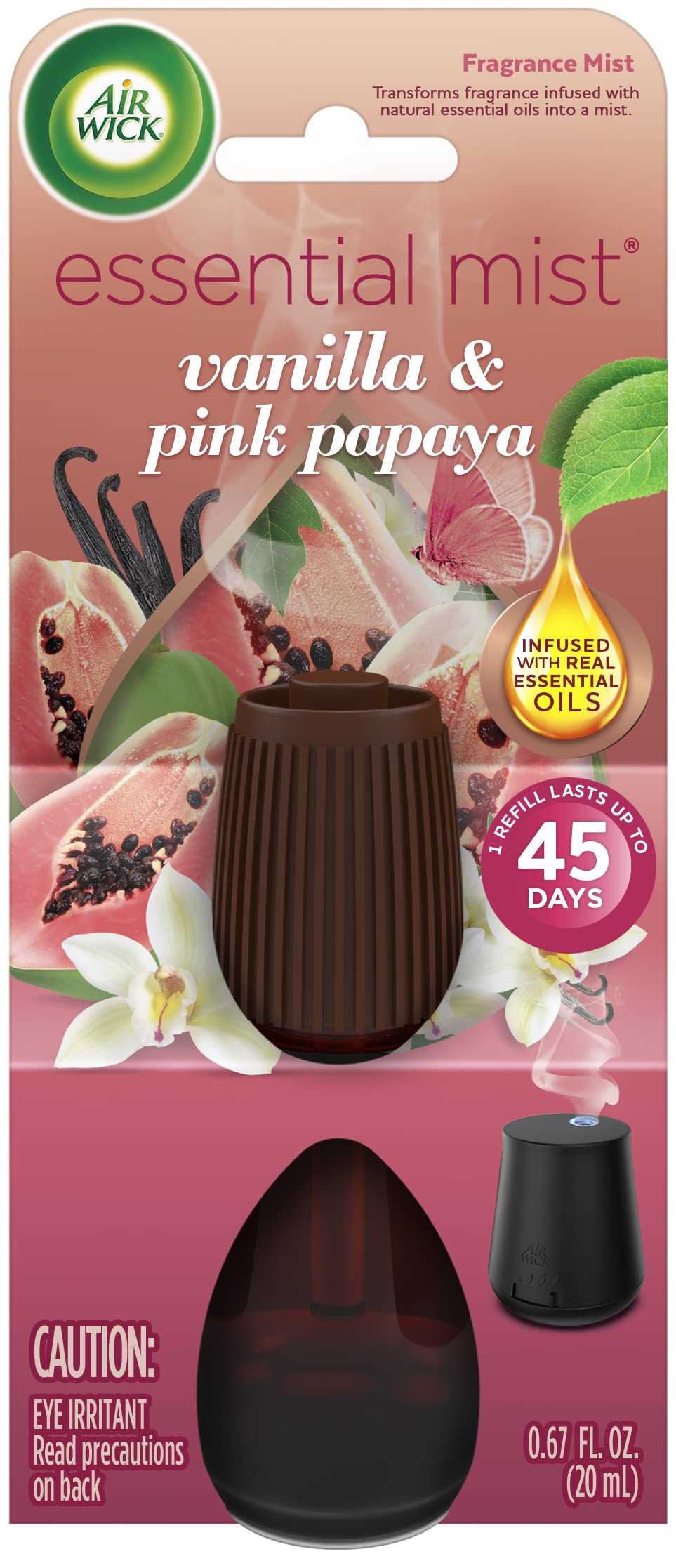 Air Wick Essential Mist Refill - Vanilla & Pink Papaya Scent (1 Count) | Essential Oil Diffuser Refill for Home, Office | Long-Lasting Air Freshener for Bathroom, Living Room & Bedroom