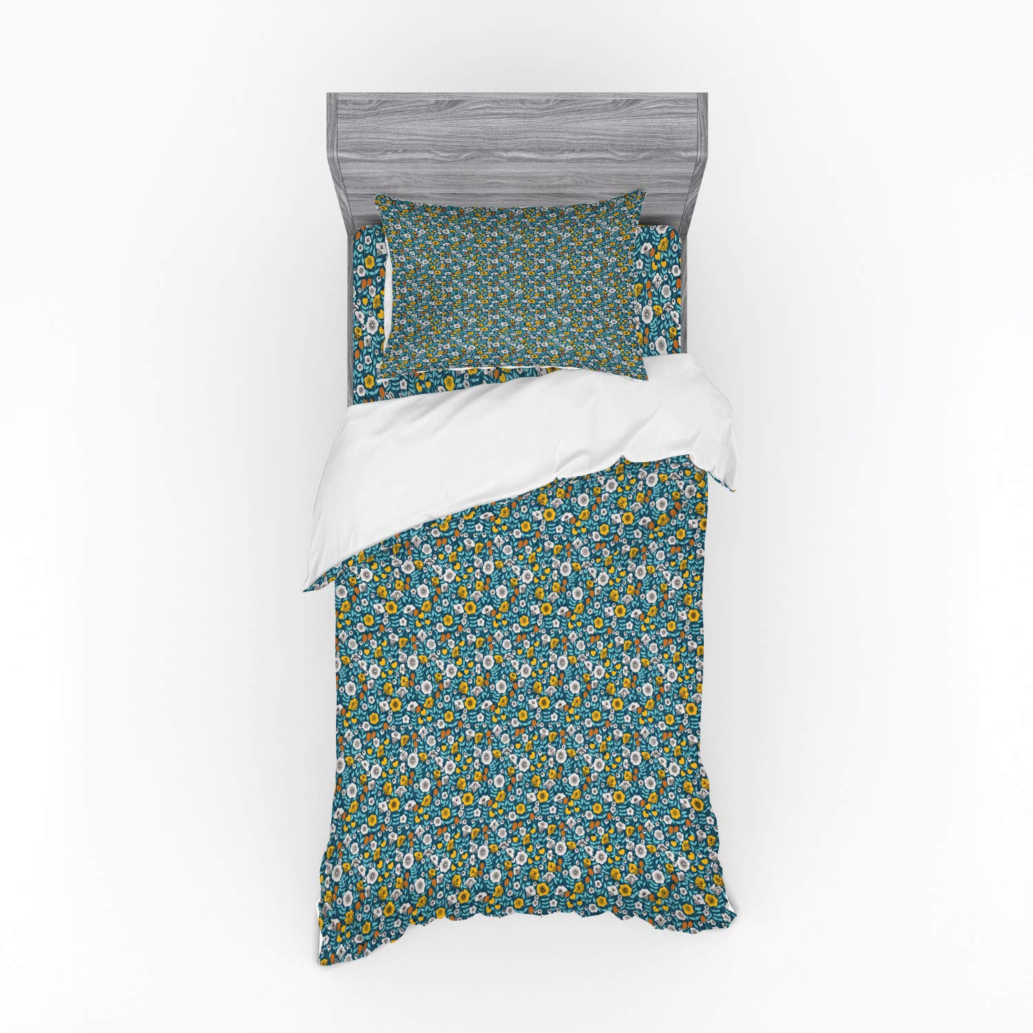 Ambesonne Floral Bedding Set - Vintage English Blossom Duvet Cover with Sham & Fitted Sheet, 3-Piece Twin Size in Sea Blue & Mustard - Perfect for Boho Chic Bedroom Decor & Guest Room Styling