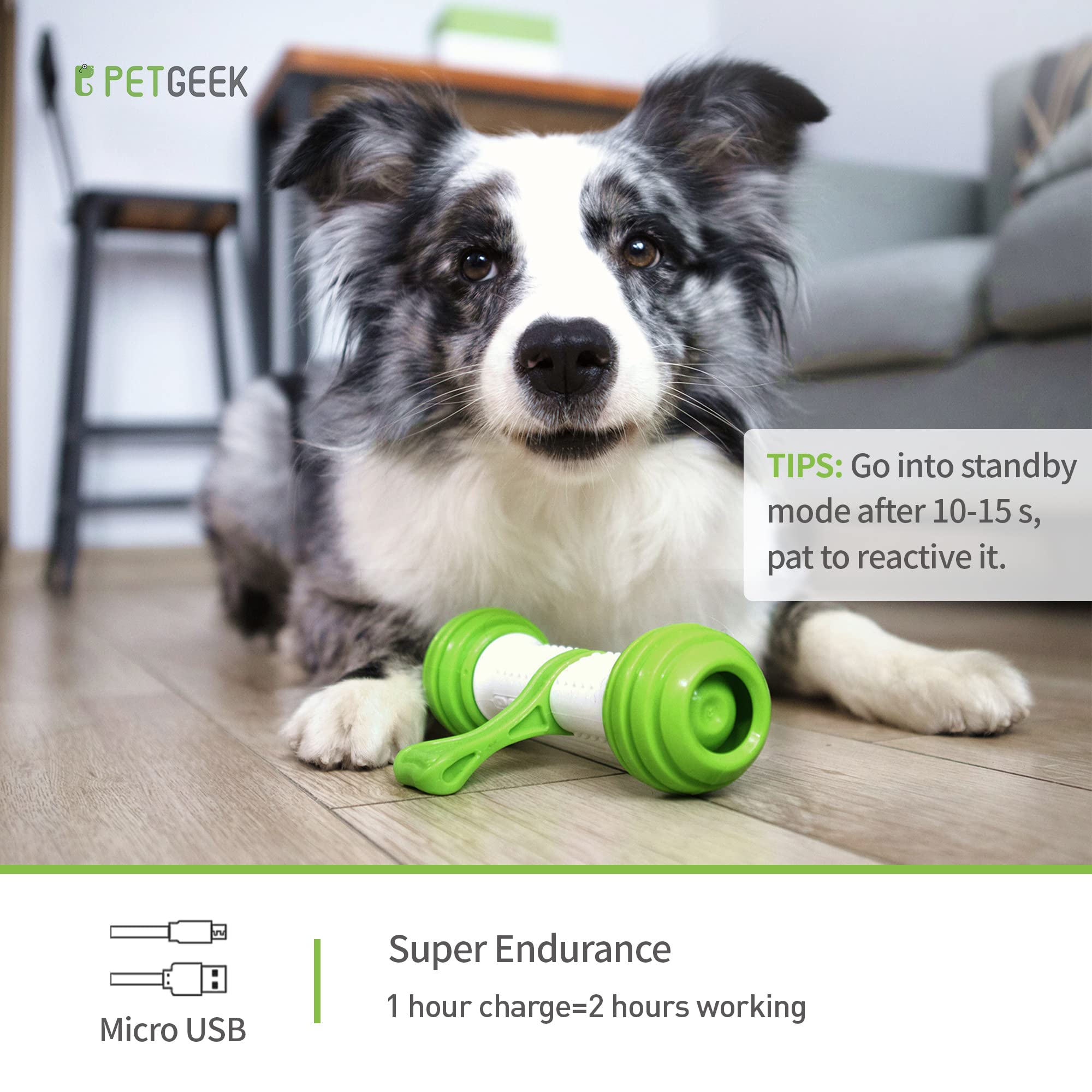 PETGEEK Interactive Dog Toys for Medium & Large Dogs - Motion Activated Electronic Dog Bone, USB Rechargeable Automatic Pet Toy to Relieve Boredom & Stimulate Play (Green) - Perfect for Indoor Play, Training & Keeping Dogs Entertained