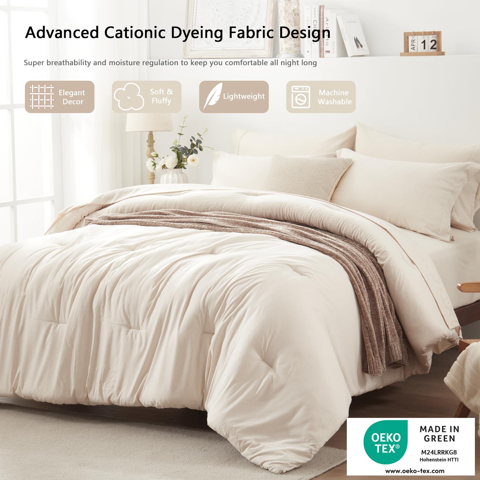 UNILIBRA 7-Piece Queen Comforter Set - All Seasons Soft Beige Bedding | Cationic Dyeing Comforter, Flat Sheet, Fitted Sheet, Pillowcases & Shams | Perfect for Master Bedroom, Guest Room & Vacation Homes