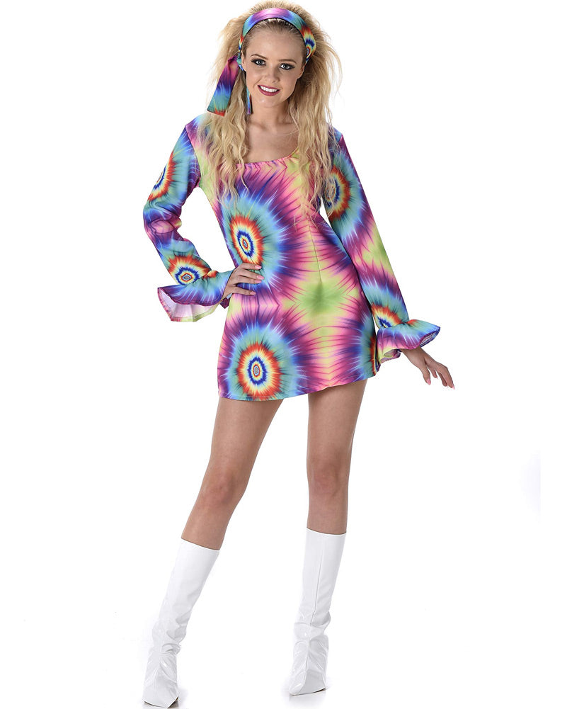 Vintage 70s Neon Tie Dye Hippie Dress for Women - Retro Party Costume & Festival Outfit for Concerts, Halloween, and Themed Events