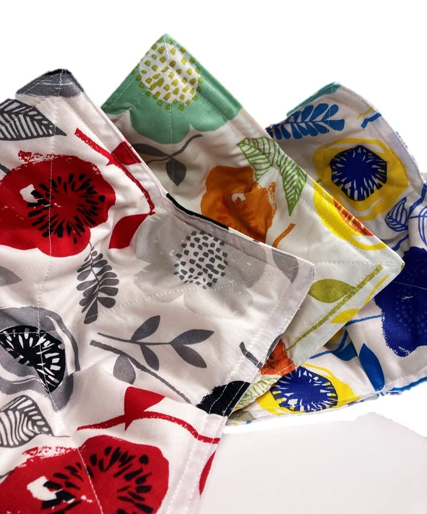Set of 2 Microwave Bowl Cozies - 8.5 Inch Heat Resistant Cotton Bowl Holders for 8 Inch Bowls, Modern Floral Print (Orange Yellow Aqua) - Perfect for Hot Soup, Oatmeal & Microwave Meals