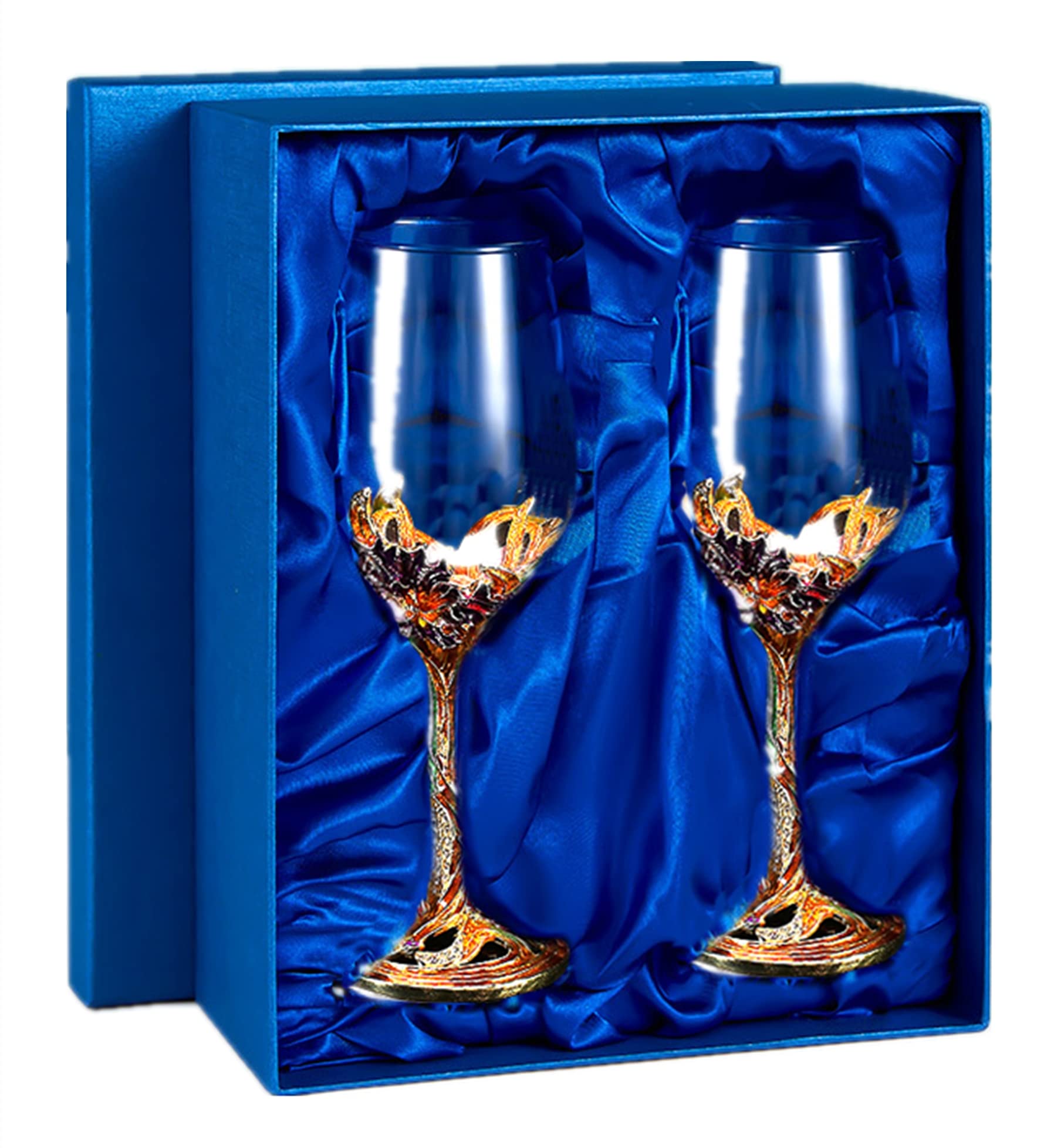 Elegant Crystal Wine Glasses Set of 2 - Gold Floral Champagne Goblets for Red Wine & Sparkling Drinks, Perfect for Weddings, Dinner Parties & Romantic Gifts (Includes Gift Box)