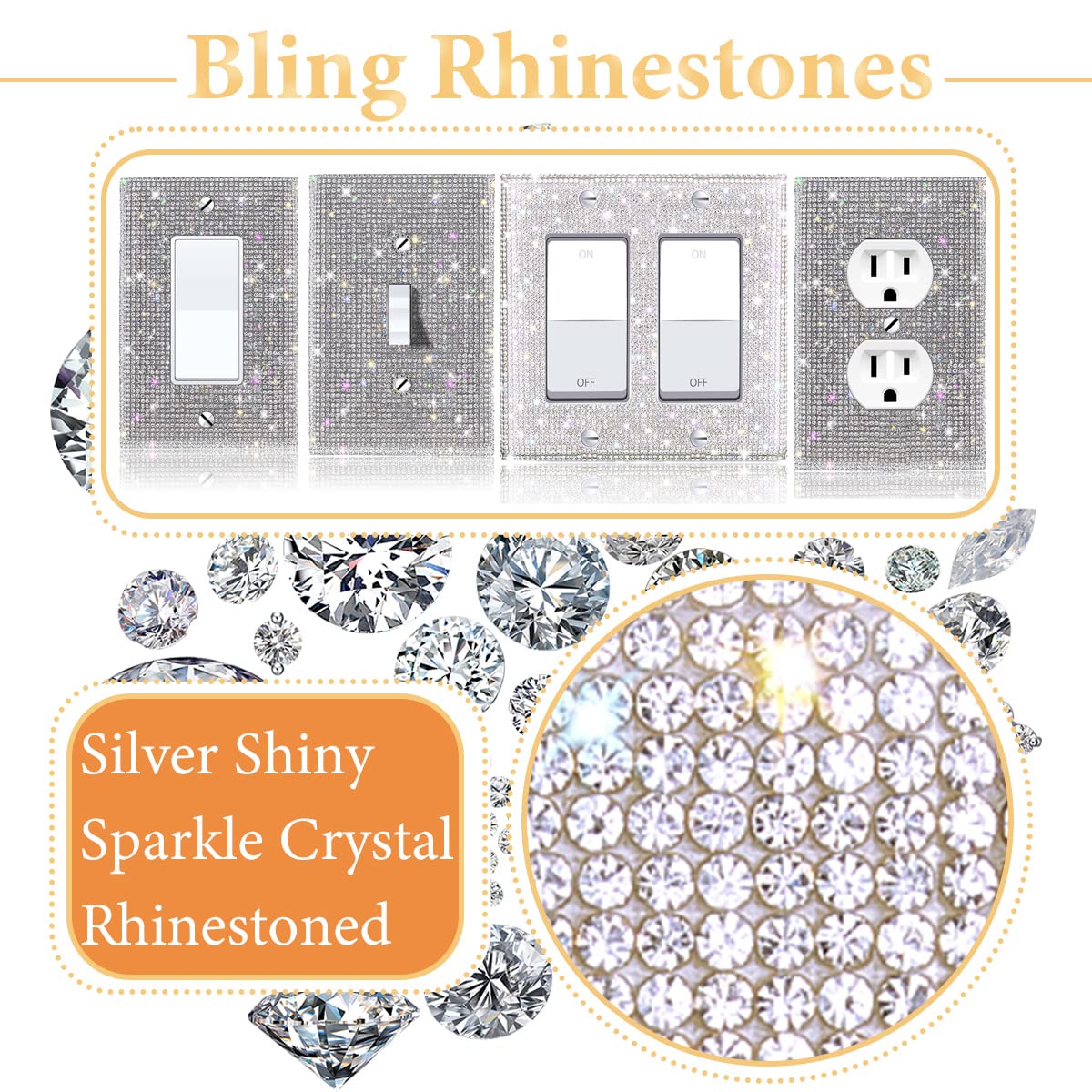 (1PCS) Bling Silver Rhinestone Light Switch Cover - Shiny Crystal Sparkle Wall Plate for Bedroom, Living Room, Bathroom Decor - Elegant Home Upgrade