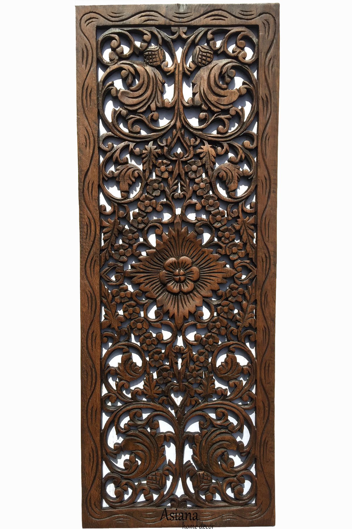 Hand Carved Wood Wall Panel - Floral Decor 35.5x13.5 Inches for Home & Office