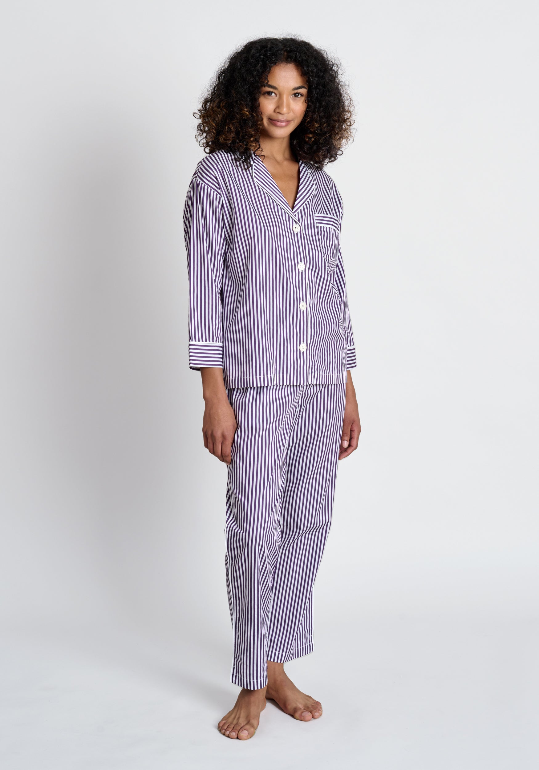 Marina Pajama Set - Purple Sateen Striped Sleepwear for Women | Soft & Comfortable Nightwear for Lounge, Sleep & Relaxation at Home
