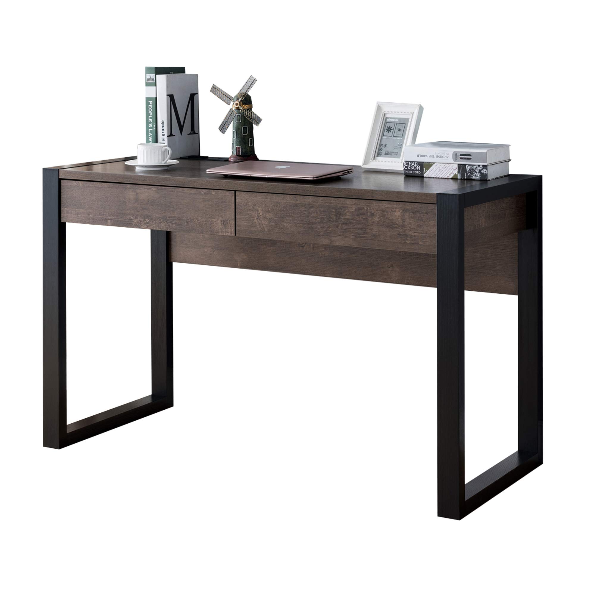 Benjara Modern Rectangular Wooden Desk with Built-in Electric Outlet & Sturdy Sled Legs - Black/Brown Home Office Desk for Work & Study | Perfect for Home Office, Study Room & Workspace