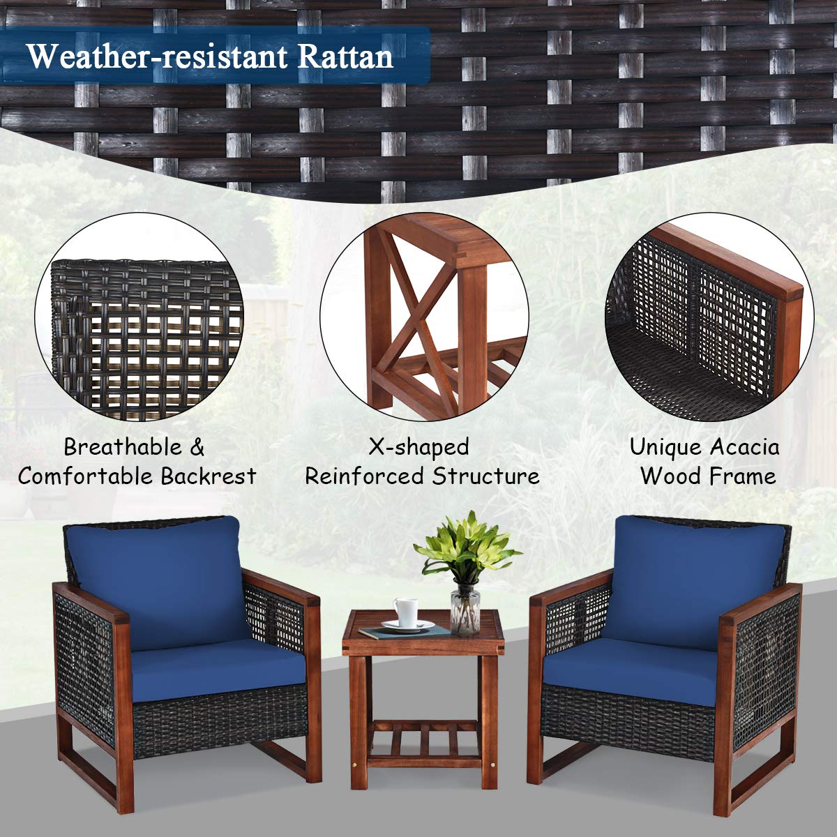 **Tangkula 3-Piece Patio Wicker Furniture Set - Outdoor Rattan Sofa Set with Washable Cushions & Acacia Wood Coffee Table - Garden, Balcony, Backyard Conversation Bistro Set (Blue) - Perfect for Relaxing, Entertaining, and Outdoor Dining**