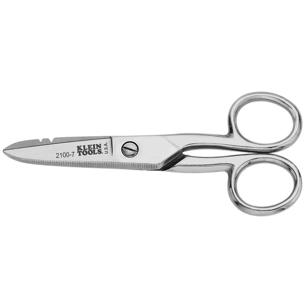 **Klein Tools 2100-7 Nickel-Plated Electrician Scissors with Stripping Notches – 5.25-Inch Heavy-Duty Snips for Datacom, Telecom & Electrical Work – Made in USA – Ideal for Wire Stripping, Cable Cutting & DIY Projects**