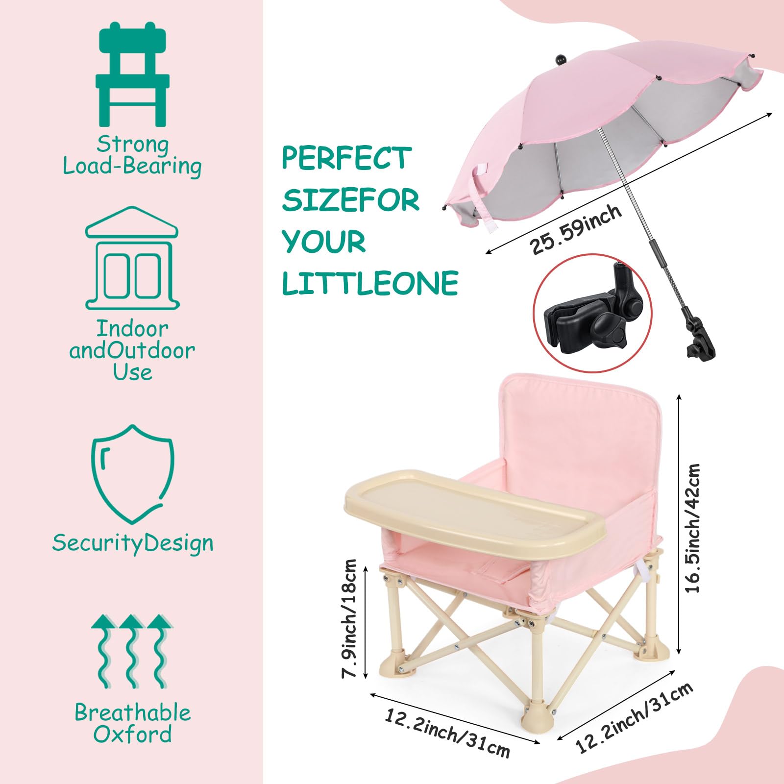 Portable Baby Beach Chair with Umbrella & Tray - Compact Folding Travel Booster Seat for Outdoor Dining, Camping & Beach Trips - Includes Storage Bag & Backrest Pocket - Perfect for Toddlers at Picnics, Parks & Family Vacations