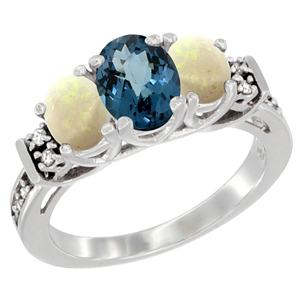 10K White Gold Natural London Blue Topaz & Opal Ring with 3-Stone Oval Diamond Accent - Size 5-10 | Elegant Jewelry for Weddings, Anniversaries & Special Occasions