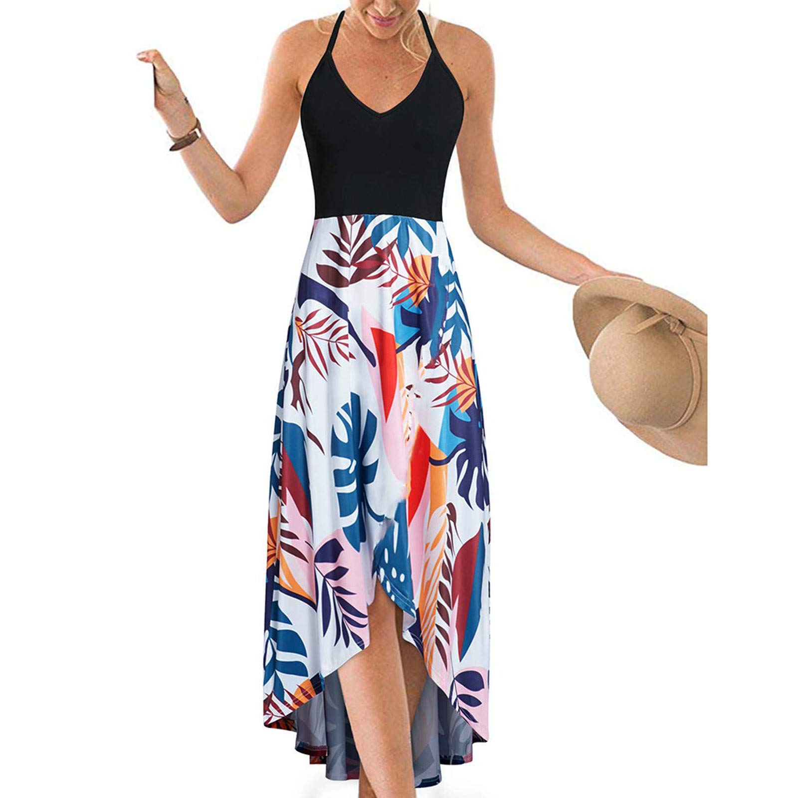 BISXOTY Women's Floral Print Spaghetti Strap Slip Dress - Sexy V-Neck Backless High-Low Wedding Guest Dress for Summer Parties, Cocktail Events & Date Nights